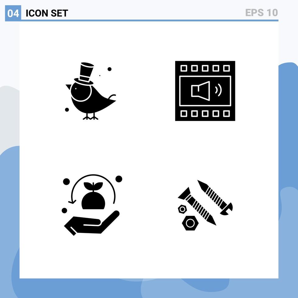 paquete de 4 signos y símbolos modernos de glifos sólidos para medios de impresión web, como elementos de diseño de vectores editables de plantas de volumen abierto de gorrión de seguros de aves