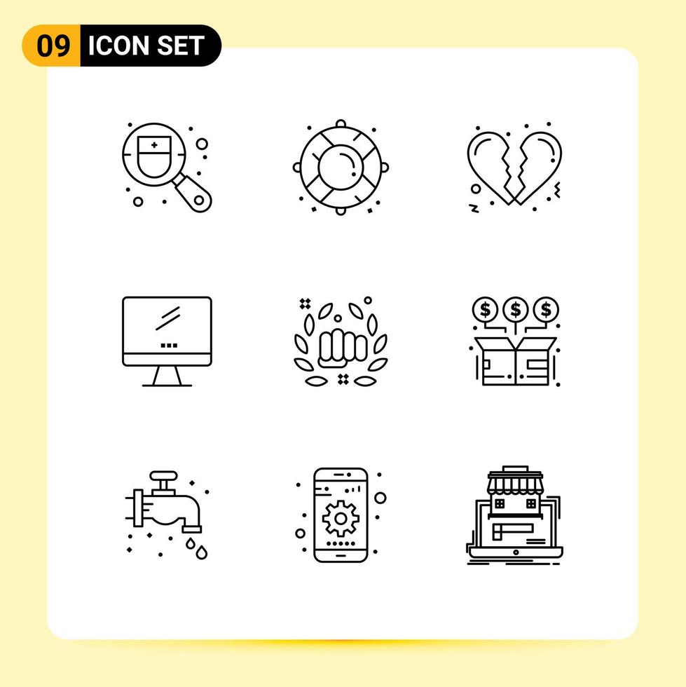 Pack of 9 creative Outlines of fight pc broken imac monitor Editable Vector Design Elements