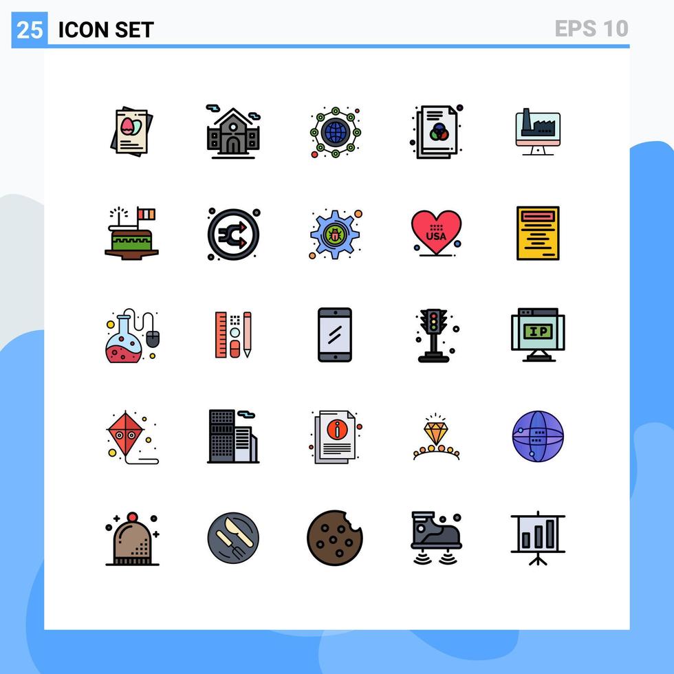 conjunto de pictogramas de 25 colores planos de línea rellena simple de elementos de diseño de vector editables de formato de color internacional de monitore computer