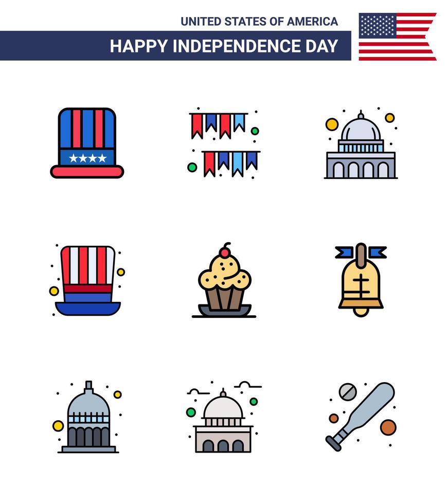 Set of 9 Modern Flat Filled Lines pack on USA Independence Day cake presidents party hat wisconsin Editable USA Day Vector Design Elements