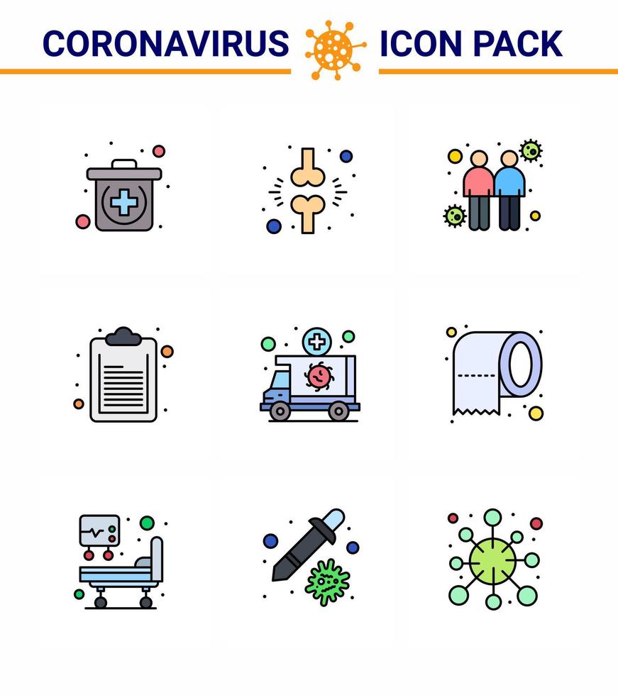 9 línea llena de color plano coronavirus covid19 paquete de iconos como ambulancia médica lista de coronavirus lista de verificación coronavirus viral 2019nov enfermedad vector elementos de diseño