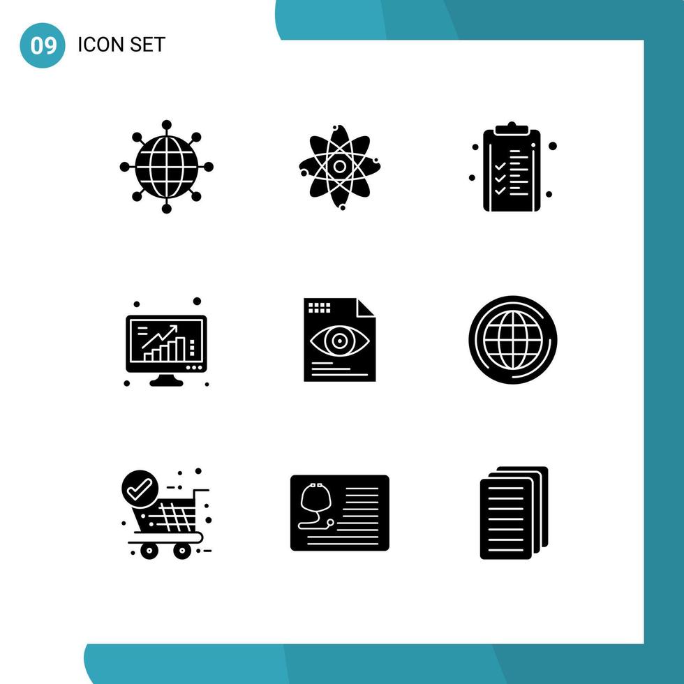 Mobile Interface Solid Glyph Set of 9 Pictograms of file poll business graph grow Editable Vector Design Elements