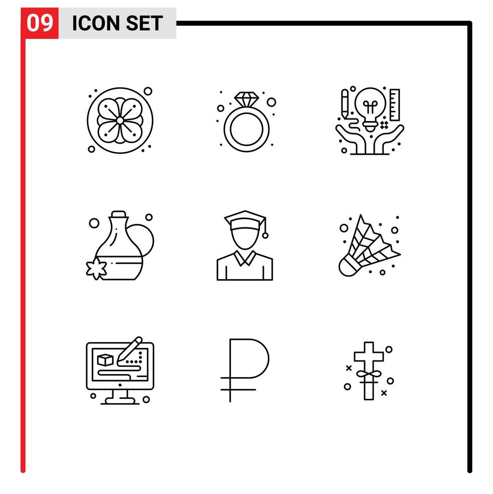 Stock Vector Icon Pack of 9 Line Signs and Symbols for graduation cap art spa floral essence Editable Vector Design Elements