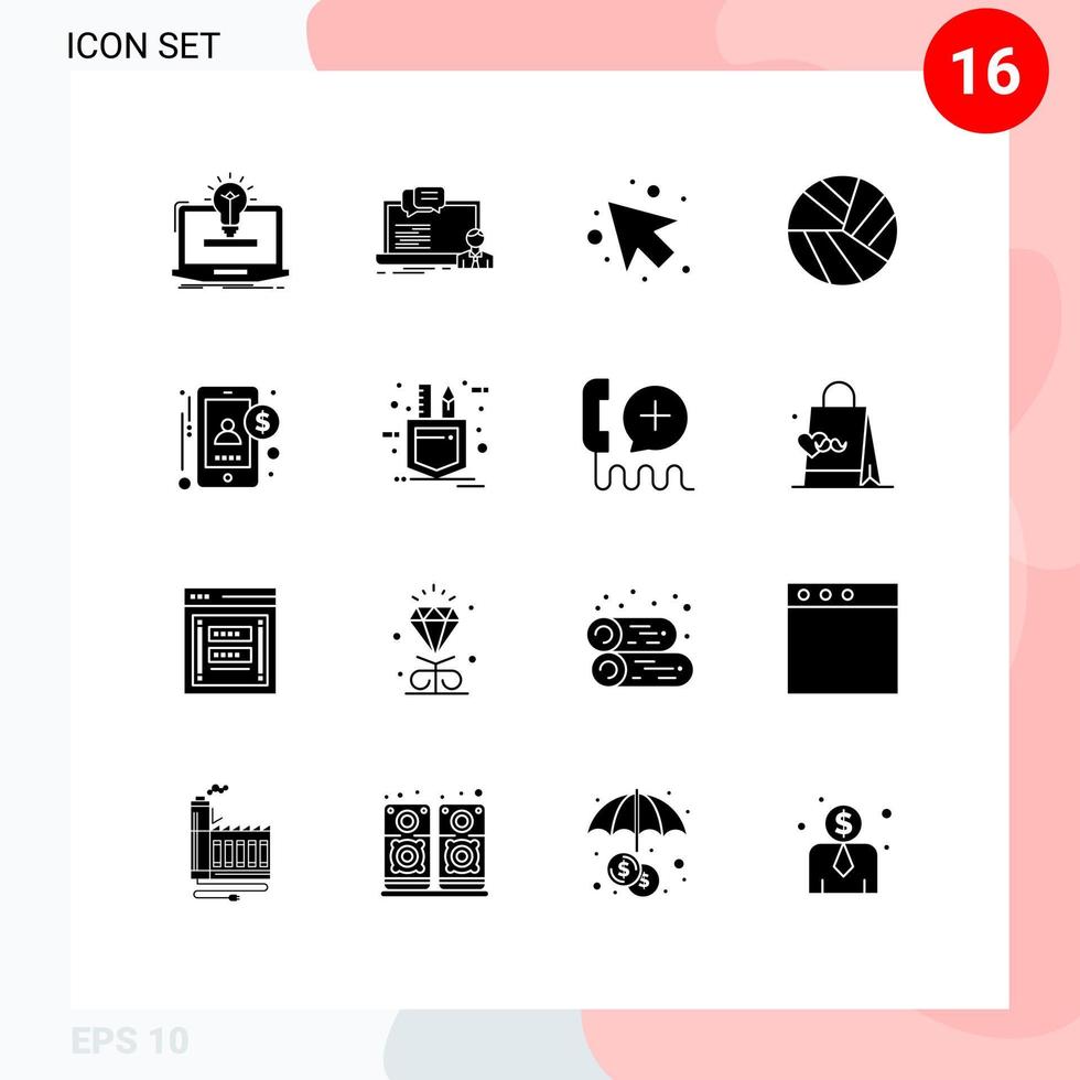 Set of 16 Modern UI Icons Symbols Signs for accounting volley computer sport left Editable Vector Design Elements