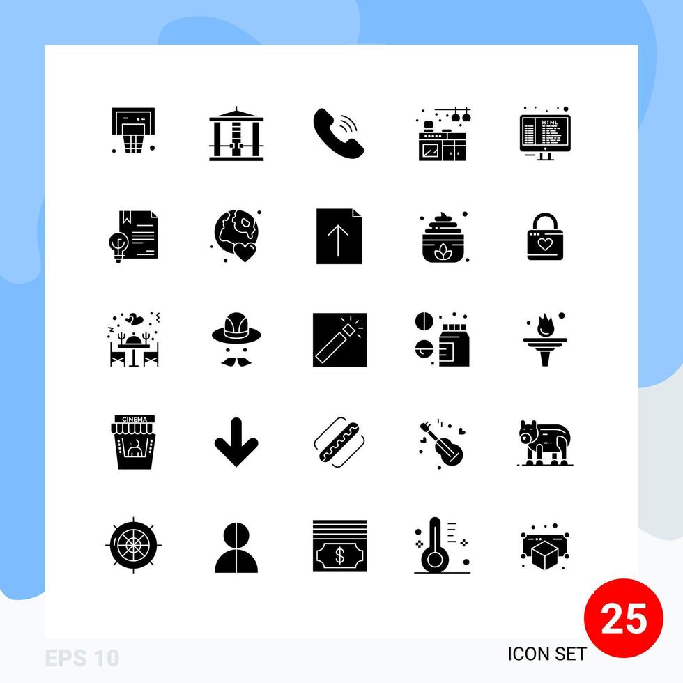 Universal Icon Symbols Group of 25 Modern Solid Glyphs of programming coding call code living Editable Vector Design Elements