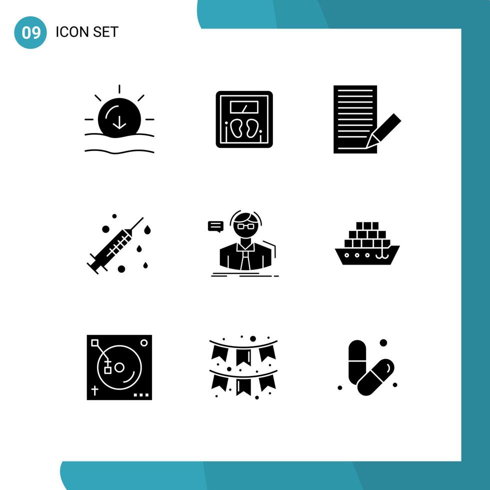 9 Thematic Vector Solid Glyphs and Editable Symbols of student syringe communication medical receive Editable Vector Design Elements