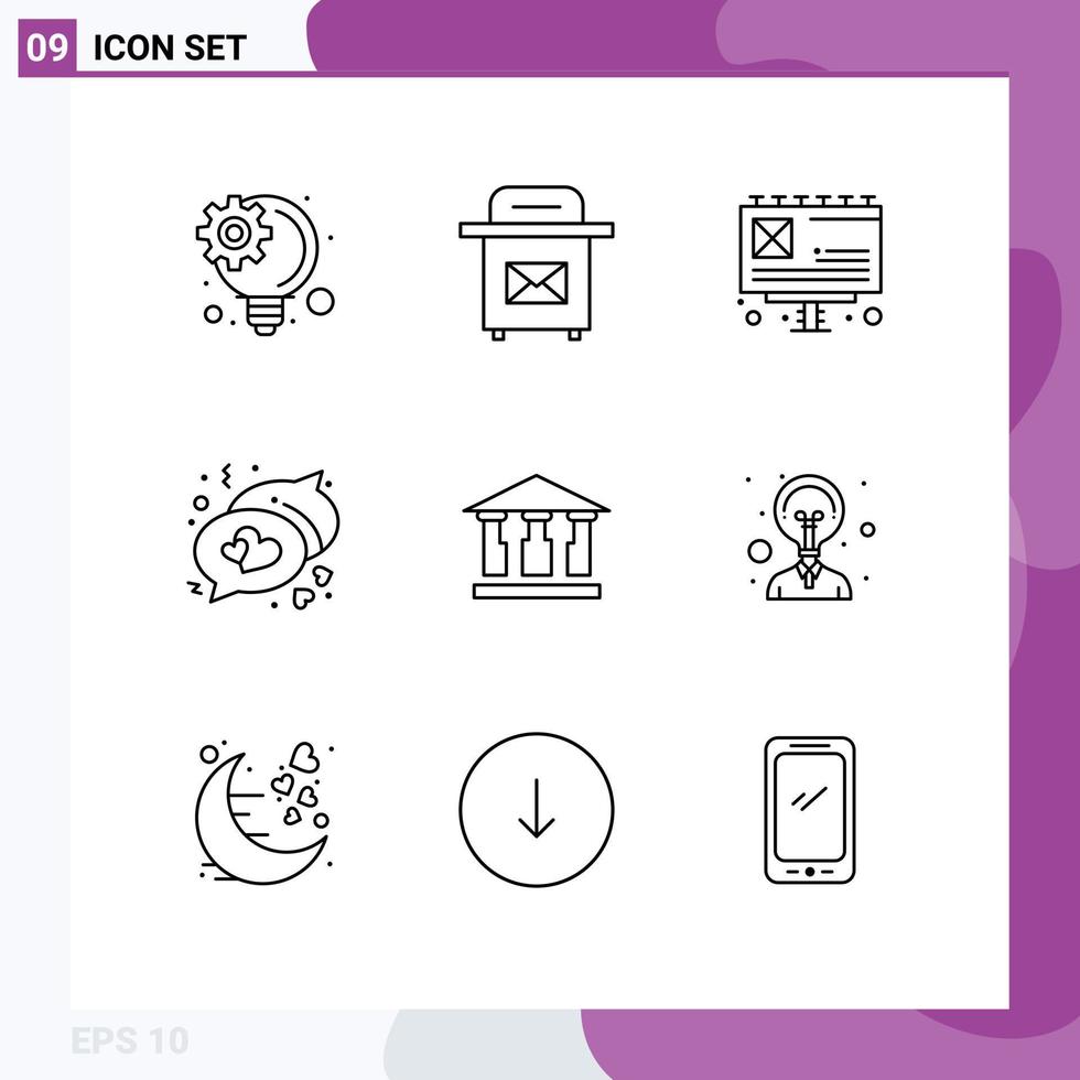 User Interface Pack of 9 Basic Outlines of innovation creativity billboard mony bank Editable Vector Design Elements