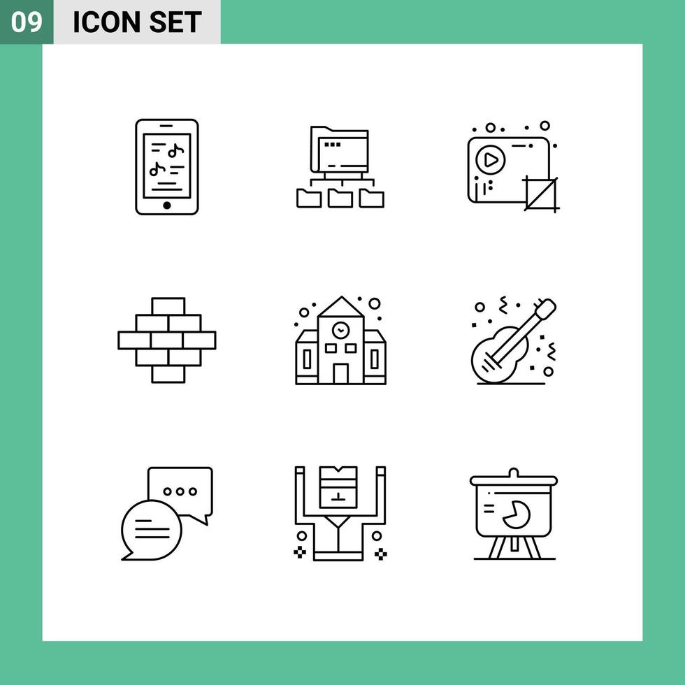 Pictogram Set of 9 Simple Outlines of education construction audio building video Editable Vector Design Elements