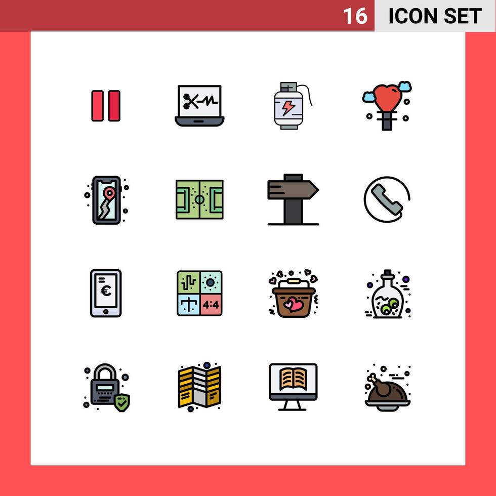16 User Interface Flat Color Filled Line Pack of modern Signs and Symbols of camping location battery mobile love Editable Creative Vector Design Elements