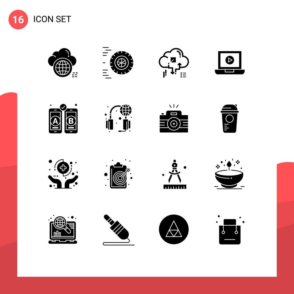 Set of 16 Vector Solid Glyphs on Grid for web design video cloud computer share Editable Vector Design Elements