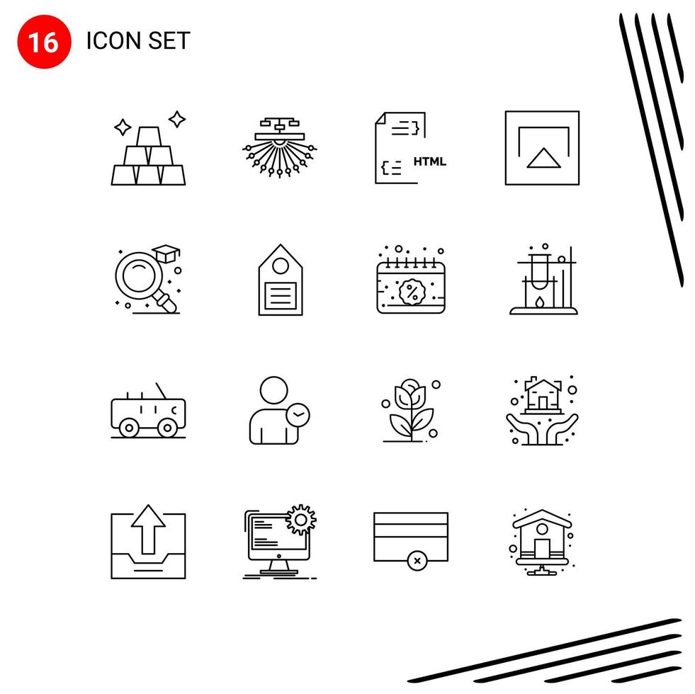 Paquete de 16 esquemas de interfaz de usuario de signos y símbolos modernos de elementos de diseño de vectores editables html de codificación de reproducción de búsqueda