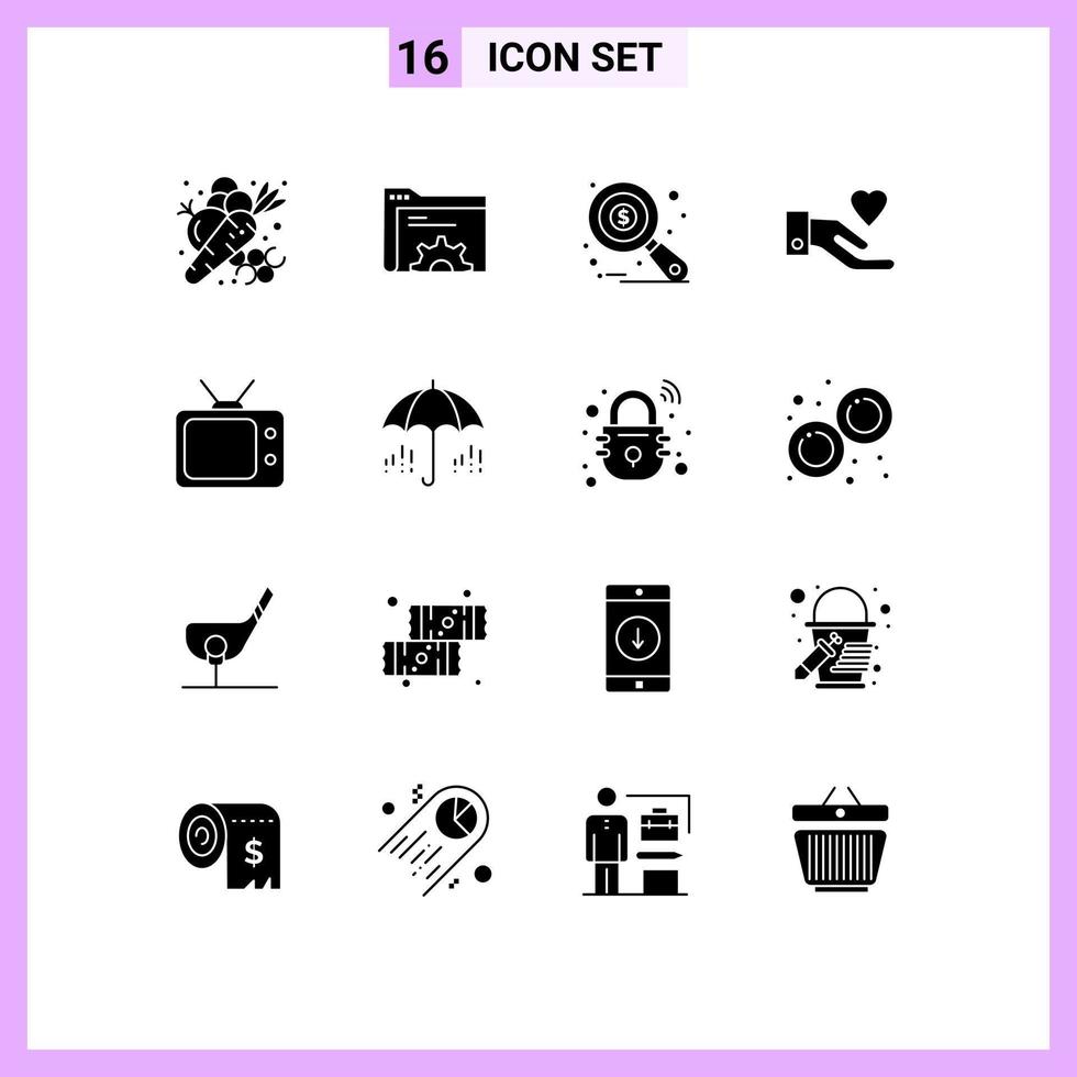 Editable Vector Line Pack of 16 Simple Solid Glyphs of tv love server heart tax monitoring Editable Vector Design Elements