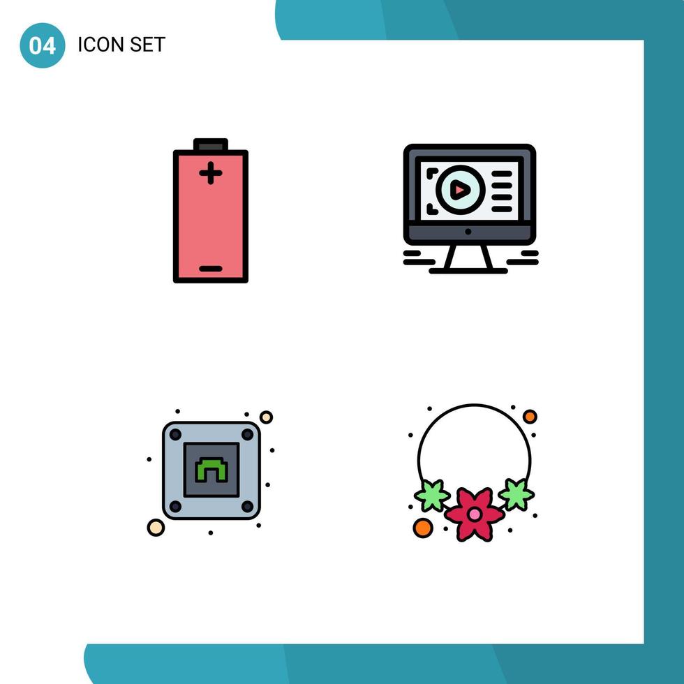 Universal Icon Symbols Group of 4 Modern Filledline Flat Colors of battery socket energy video flower Editable Vector Design Elements