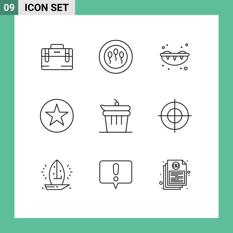 Stock Vector Icon Pack of 9 Line Signs and Symbols for goal food sweet done star Editable Vector Design Elements