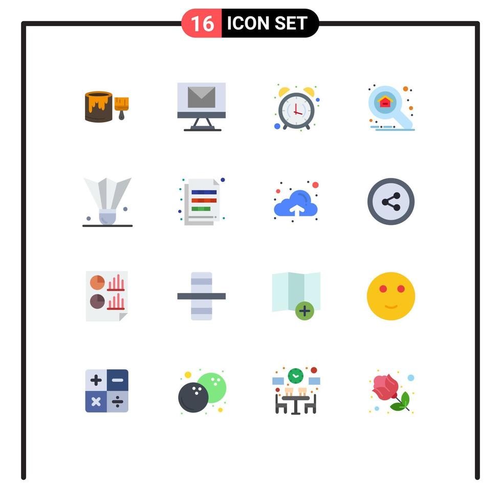 User Interface Pack of 16 Basic Flat Colors of badminton birdie explore alarm clock search apartment Editable Pack of Creative Vector Design Elements