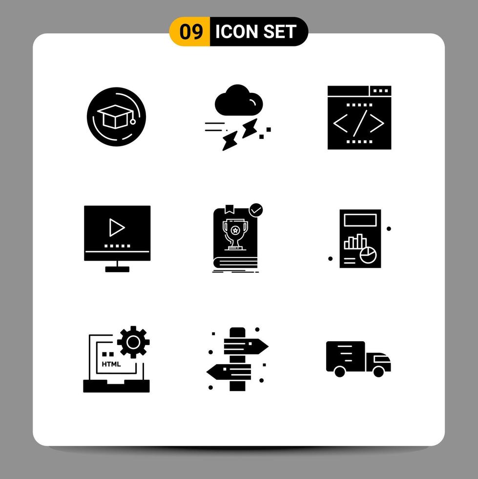 Set of 9 Commercial Solid Glyphs pack for book tv engine technology devices Editable Vector Design Elements