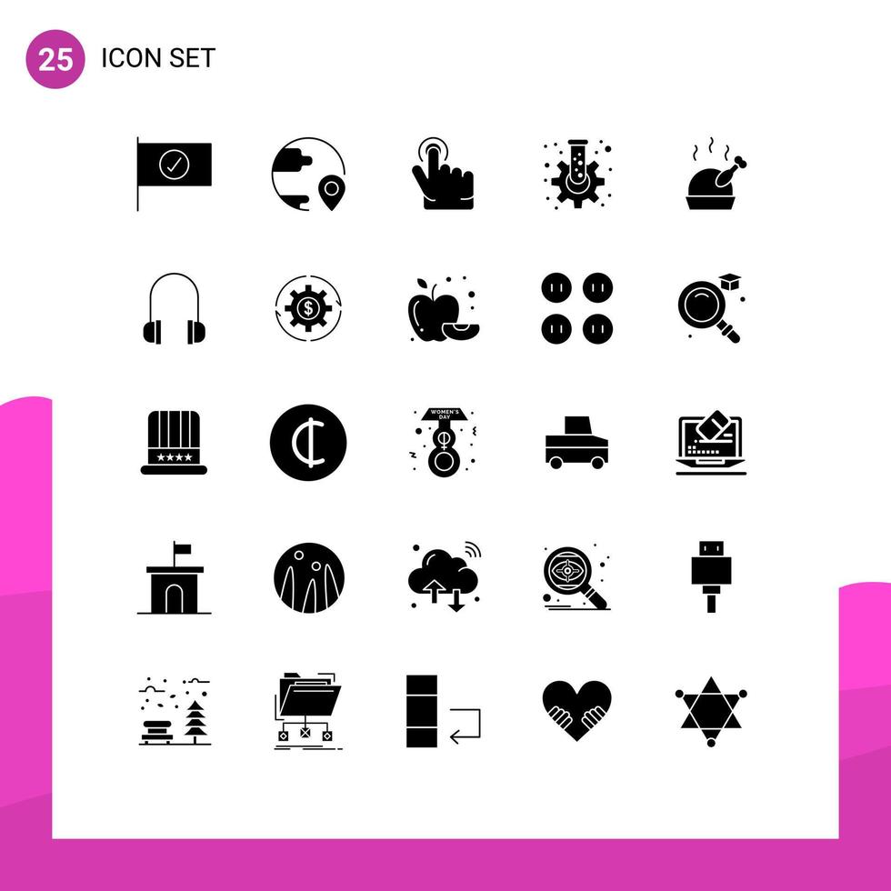 Solid Glyph Pack of 25 Universal Symbols of roast turkey click tube flask Editable Vector Design Elements