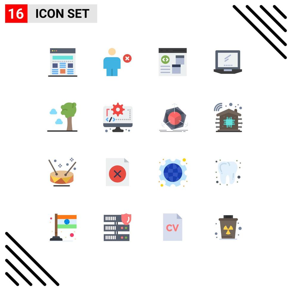 User Interface Pack of 16 Basic Flat Colors of laptop device app monitor development Editable Pack of Creative Vector Design Elements