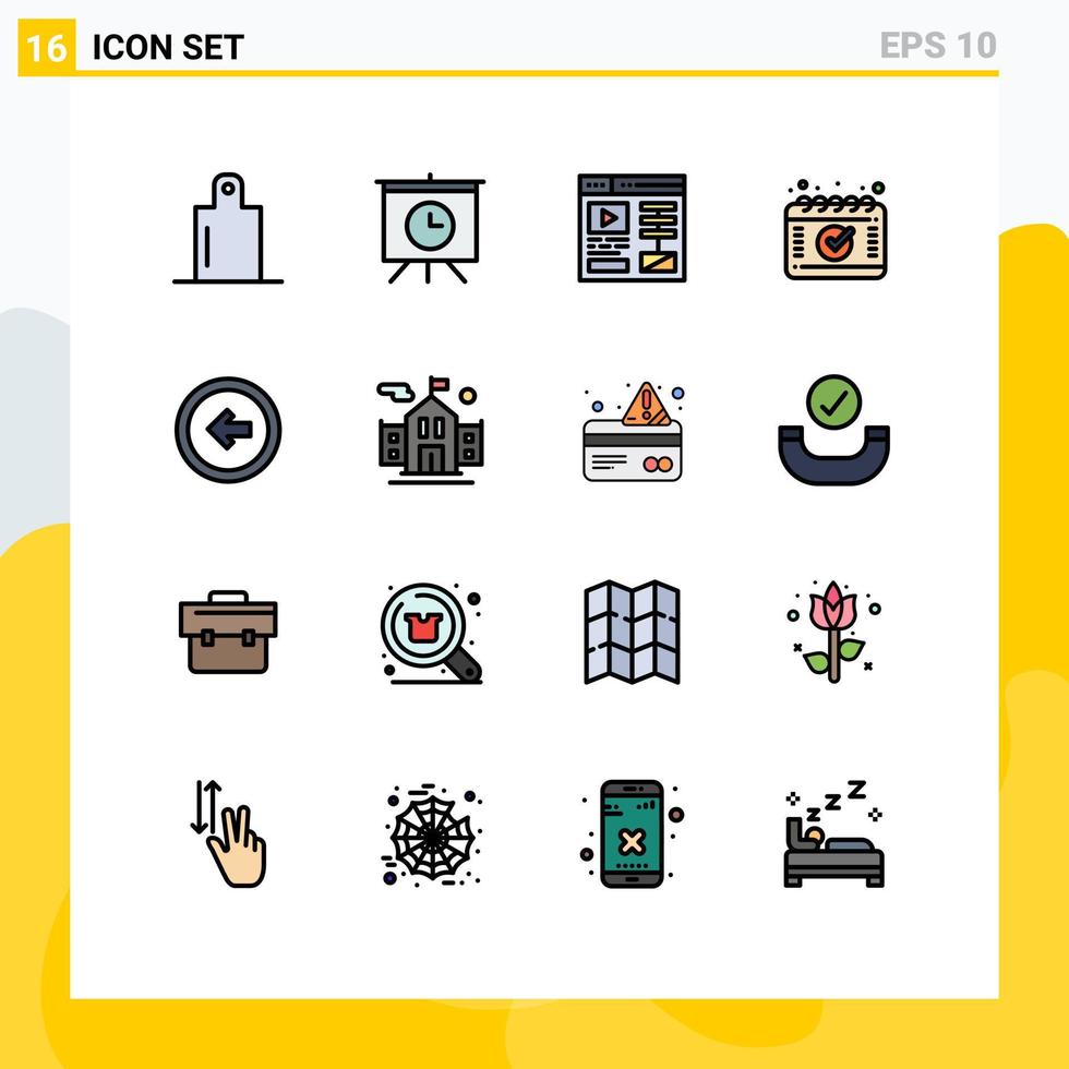grupo de 16 líneas rellenas de color plano, signos y símbolos para el botón de la interfaz de usuario de la cita izquierda de la bandera, elementos de diseño de vectores creativos editables