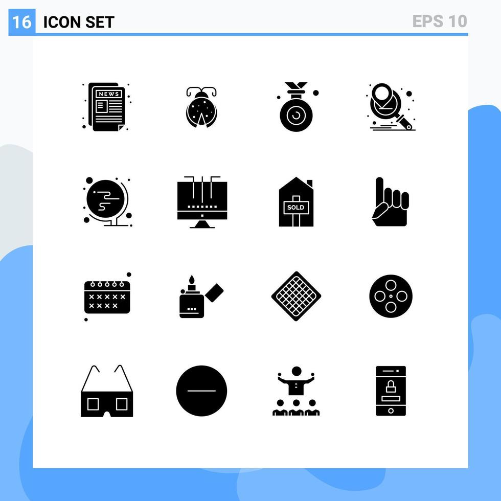 Group of 16 Solid Glyphs Signs and Symbols for globe school medal marketing strategy marketing campaign Editable Vector Design Elements