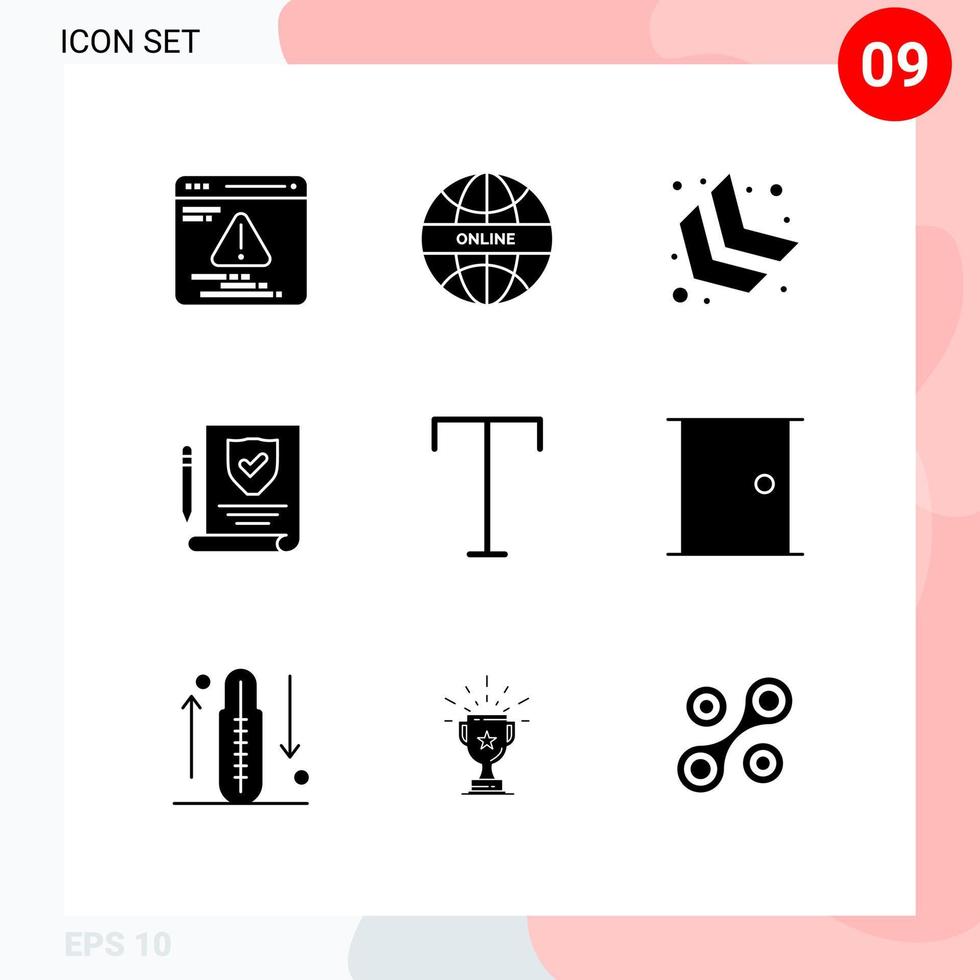 Pack of 9 Modern Solid Glyphs Signs and Symbols for Web Print Media such as door style chevron font policy Editable Vector Design Elements