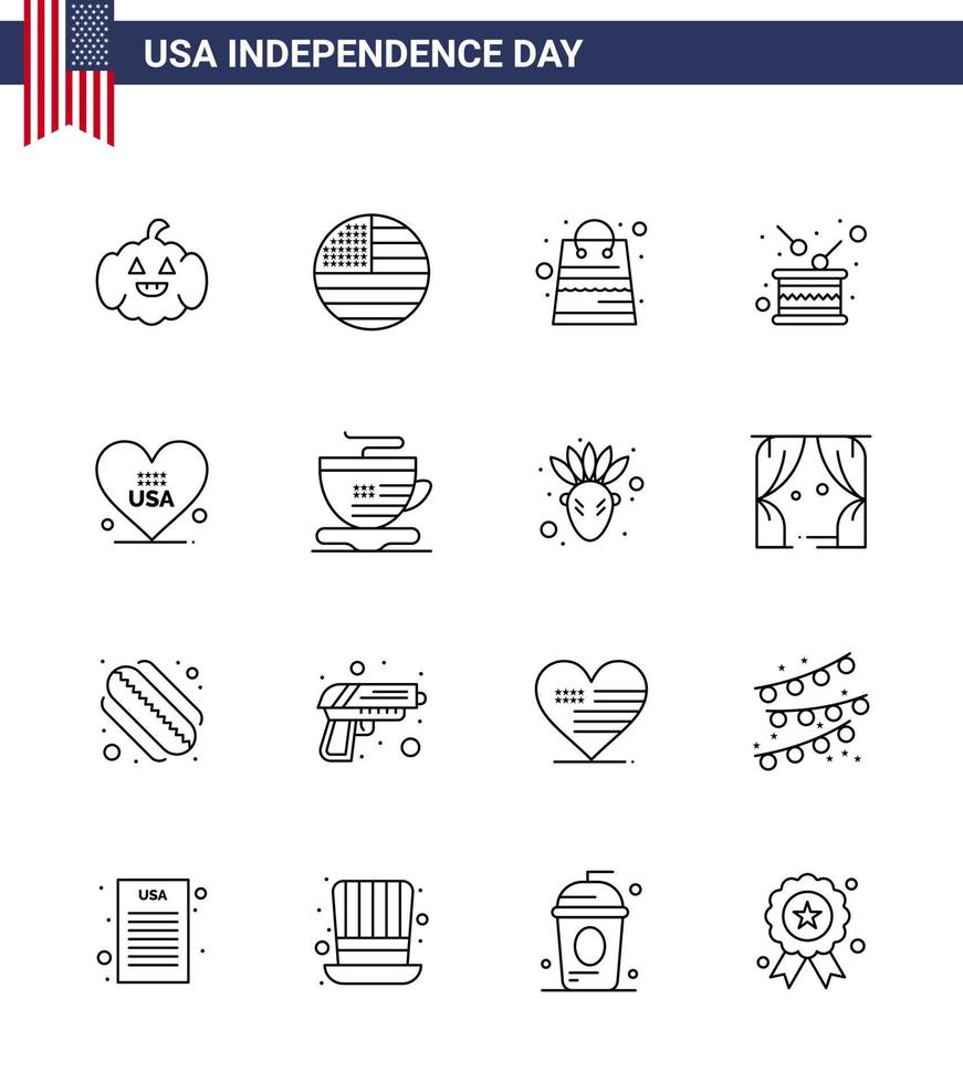 paquete de 16 líneas de celebración del día de la independencia de EE. UU. Signos y símbolos del 4 de julio, como el amor, la independencia, el dinero, la independencia, el tambor, los elementos de diseño vectorial editables del día de EE. UU. vector