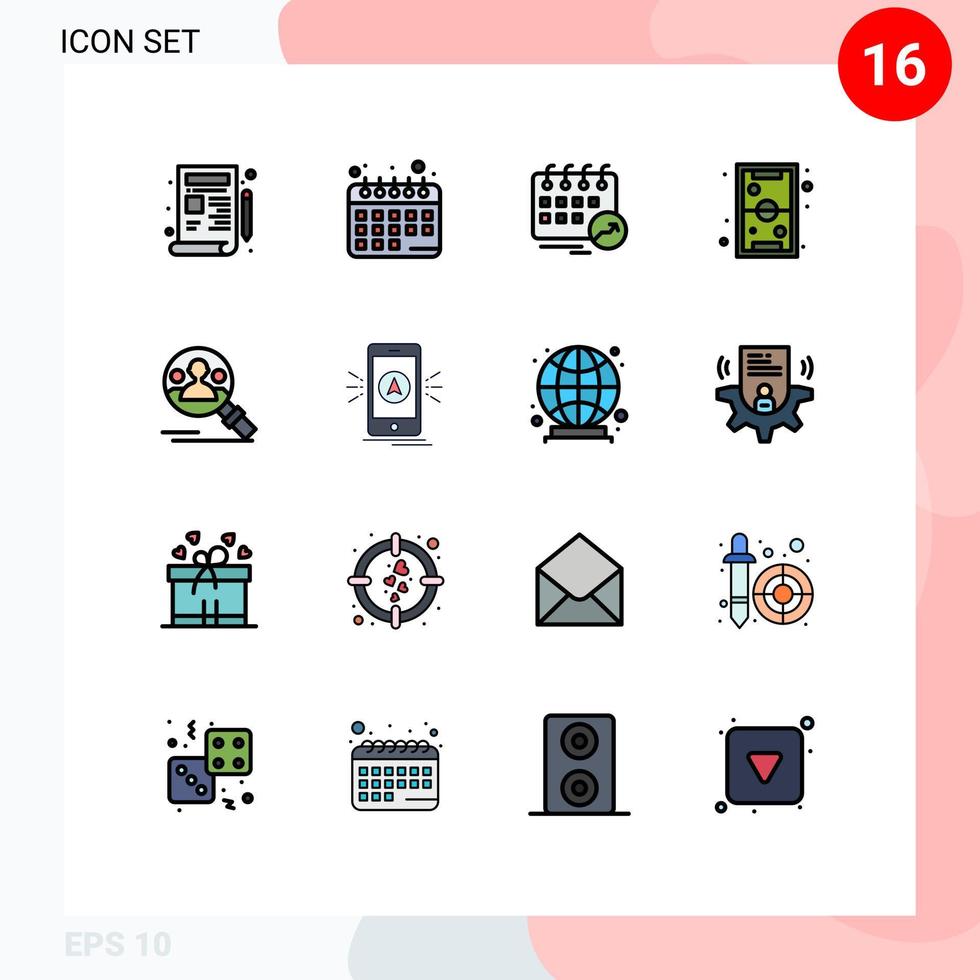 conjunto de líneas llenas de color plano de interfaz móvil de 16 pictogramas de find play calendar niños divertidos elementos de diseño de vectores creativos editables