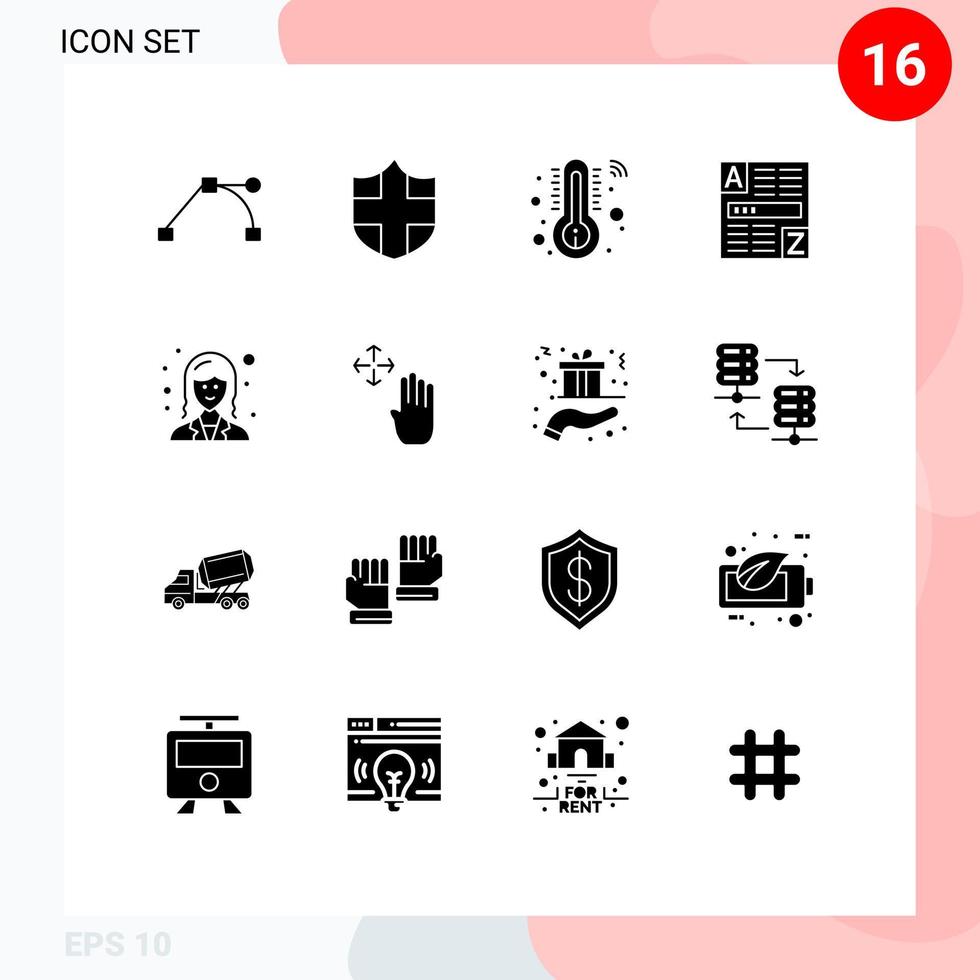 16 User Interface Solid Glyph Pack of modern Signs and Symbols of hand female thermometer employee internet Editable Vector Design Elements