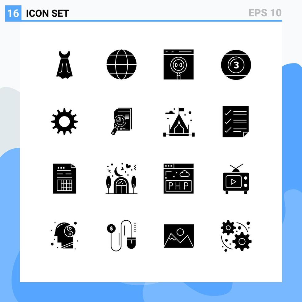 Universal Icon Symbols Group of 16 Modern Solid Glyphs of cog play browser game cue ball Editable Vector Design Elements