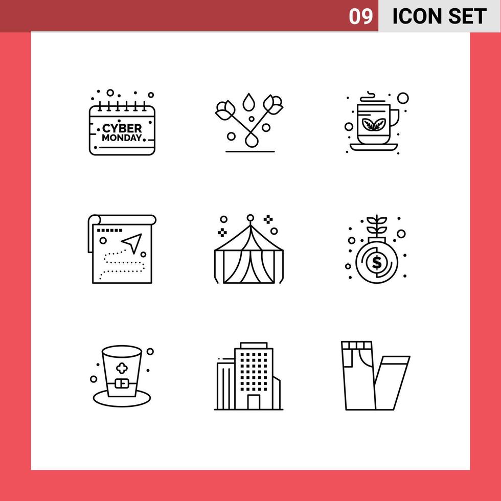 Pack of 9 Modern Outlines Signs and Symbols for Web Print Media such as position target tulip route green tea Editable Vector Design Elements