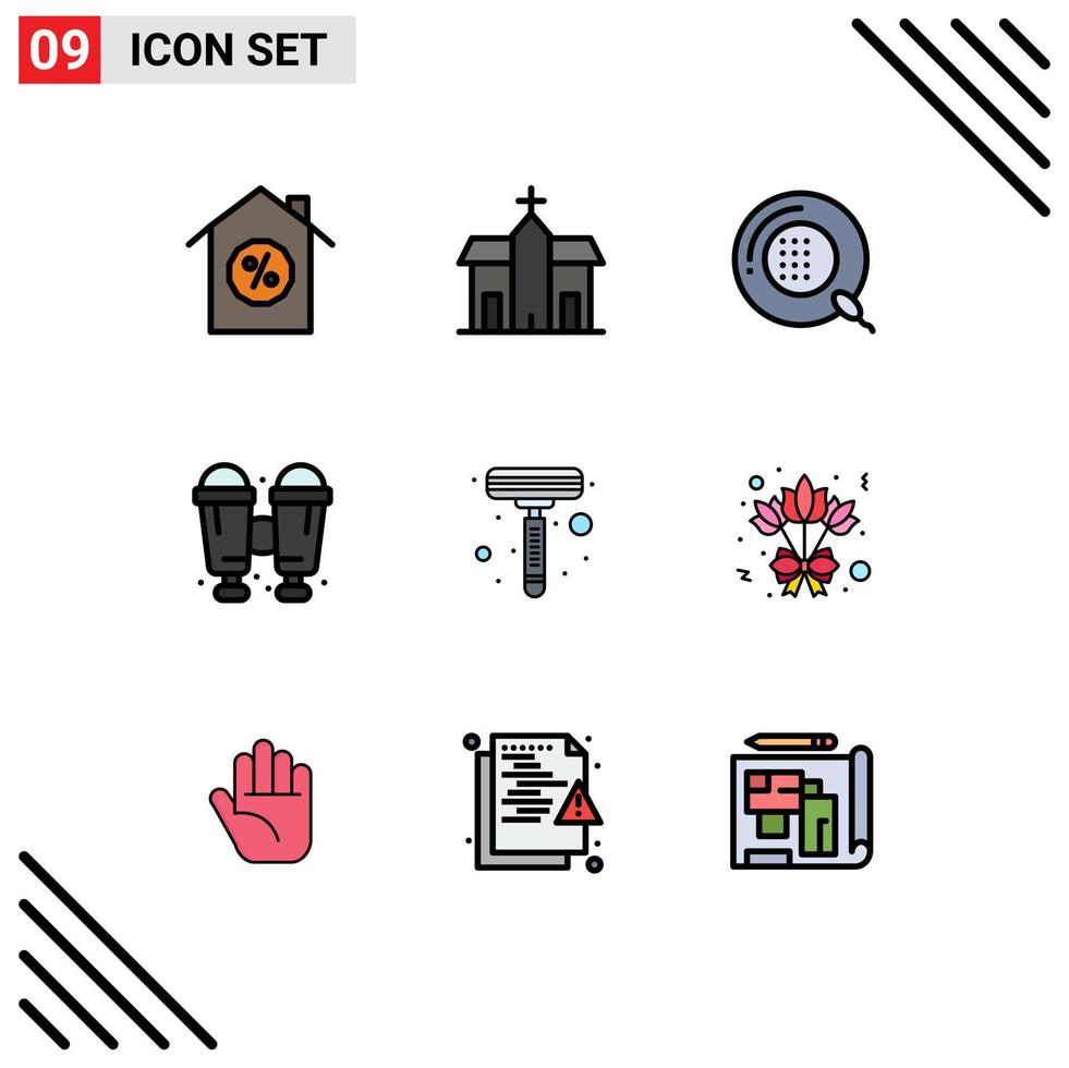Filledline Flat Color Pack of 9 Universal Symbols of shaver travel disease camping medicine Editable Vector Design Elements