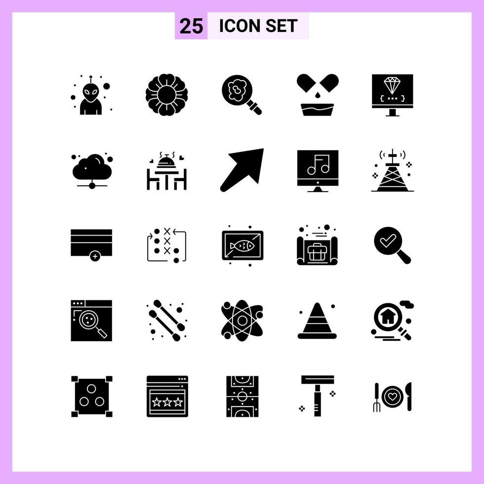 25 Icons in Solid Style Glyph Symbols on White Background Creative Vector Signs for Web mobile and Print