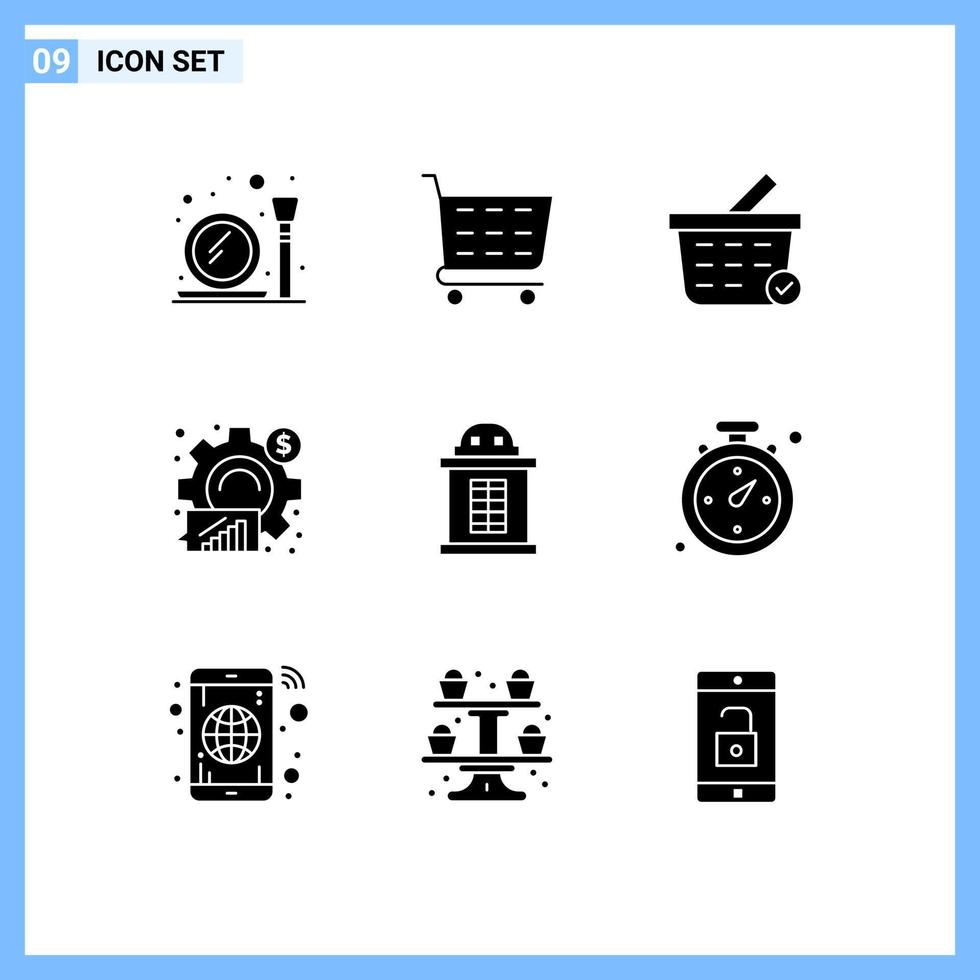Solid Glyph Pack of 9 Universal Symbols of train ticket checkout statistical business Editable Vector Design Elements