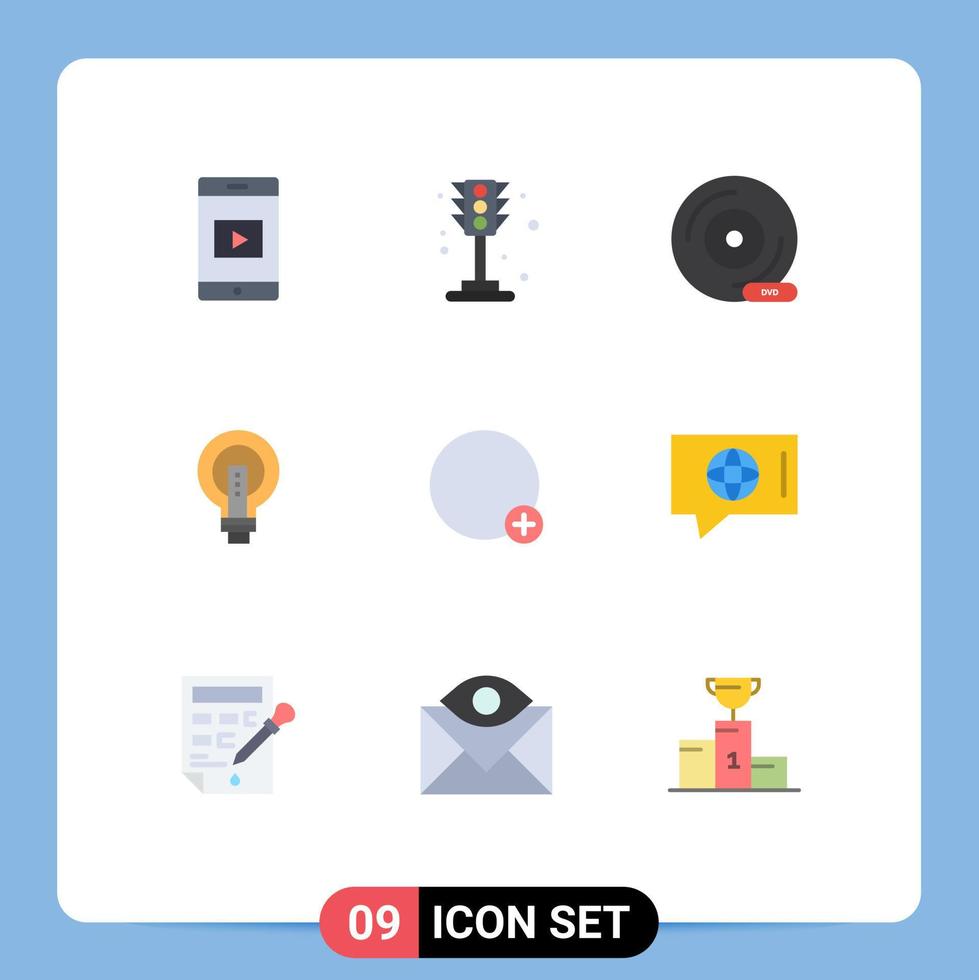 Mobile Interface Flat Color Set of 9 Pictograms of lightbulb idea compact disc business bulb Editable Vector Design Elements