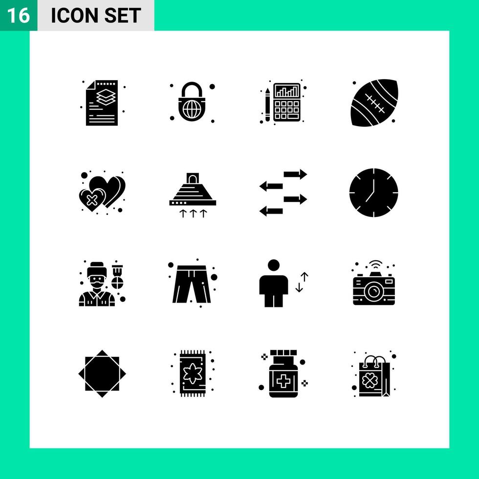 Pack of 16 Modern Solid Glyphs Signs and Symbols for Web Print Media such as dislike rugby accounting ball finance Editable Vector Design Elements