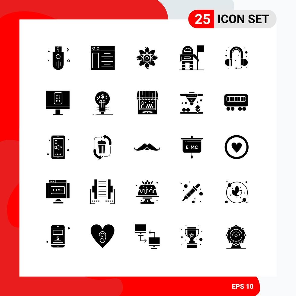 25 User Interface Solid Glyph Pack of modern Signs and Symbols of sound ear atom flag astronaut Editable Vector Design Elements