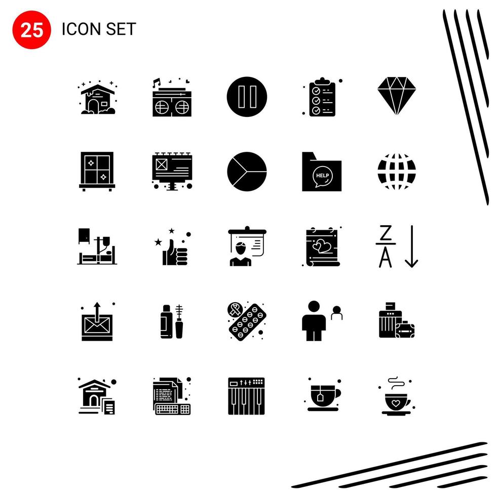 Solid Glyph Pack of 25 Universal Symbols of window hands pause diamond mark Editable Vector Design Elements