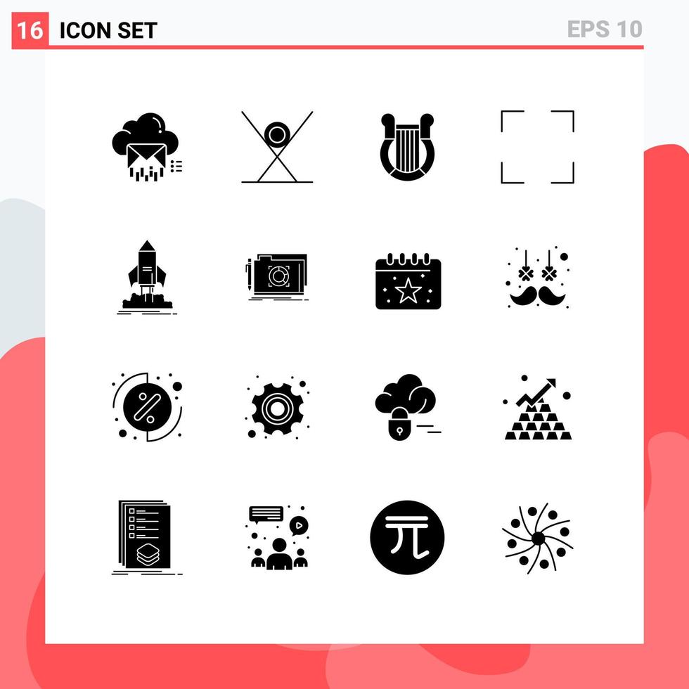Mobile Interface Solid Glyph Set of 16 Pictograms of screen full kitchen nation harp Editable Vector Design Elements