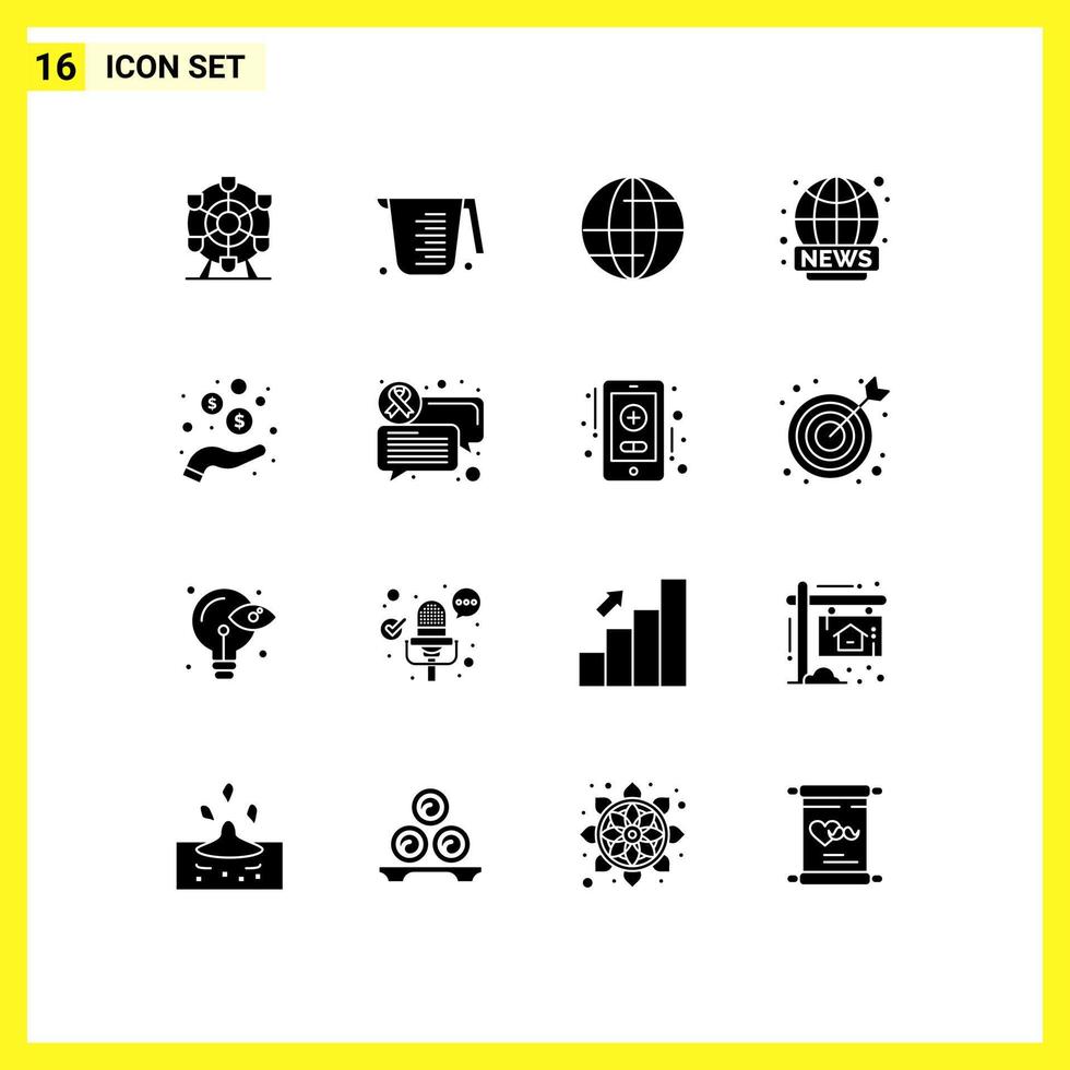 Mobile Interface Solid Glyph Set of 16 Pictograms of coins income globe hand live Editable Vector Design Elements