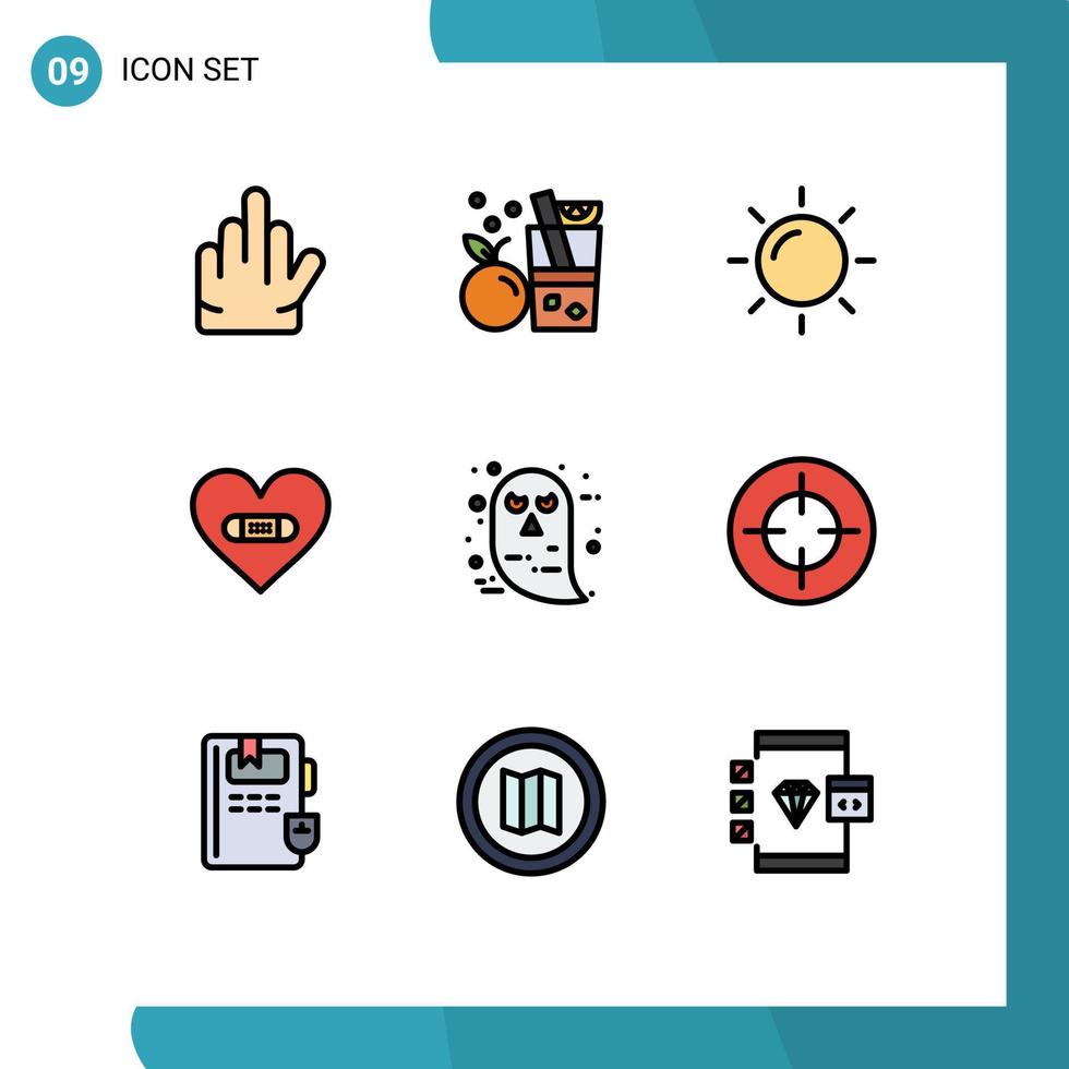 User Interface Pack of 9 Basic Filledline Flat Colors of ghost character sun like heart Editable Vector Design Elements