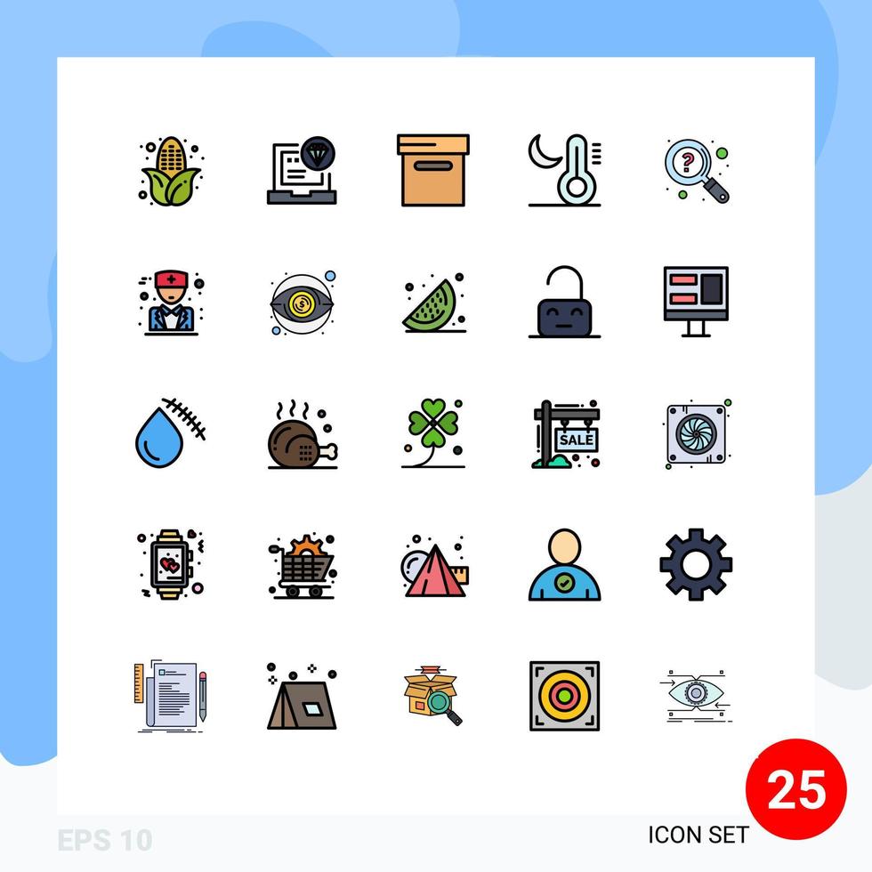 User Interface Pack of 25 Basic Filled line Flat Colors of search help archive faq night Editable Vector Design Elements