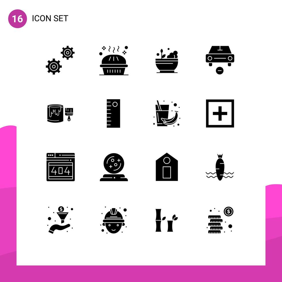 Set of 16 Vector Solid Glyphs on Grid for brush minus hospital less car Editable Vector Design Elements