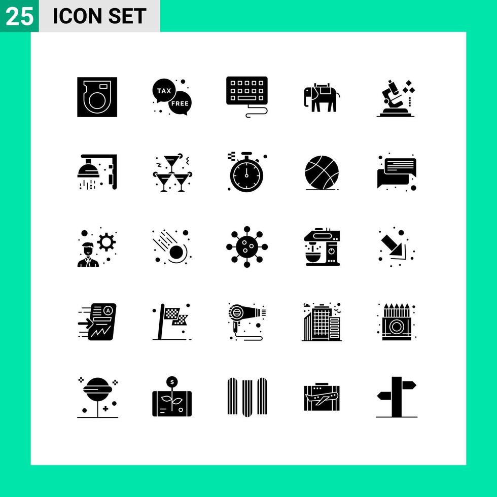 25 User Interface Solid Glyph Pack of modern Signs and Symbols of medical science keyboard microscope elephant Editable Vector Design Elements