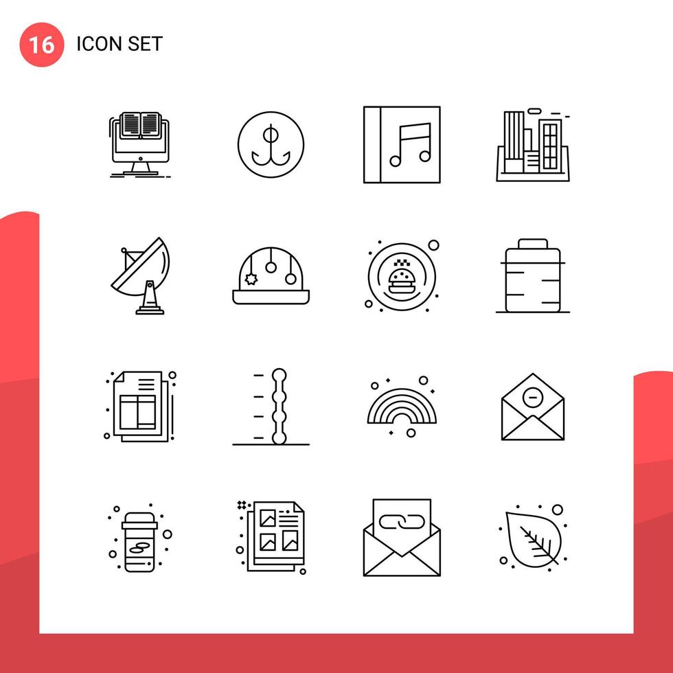 paquete de 16 iconos de contorno universal para medios impresos sobre fondo blanco vector