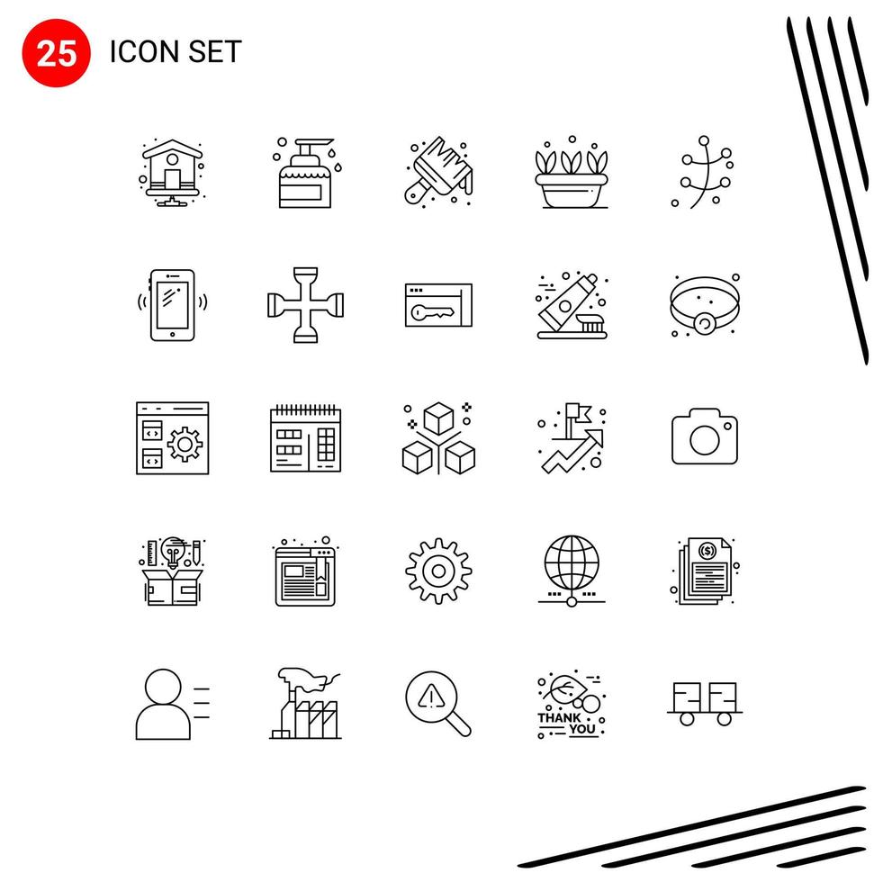 Pack of 25 Modern Lines Signs and Symbols for Web Print Media such as smart phone spring art plant growth Editable Vector Design Elements