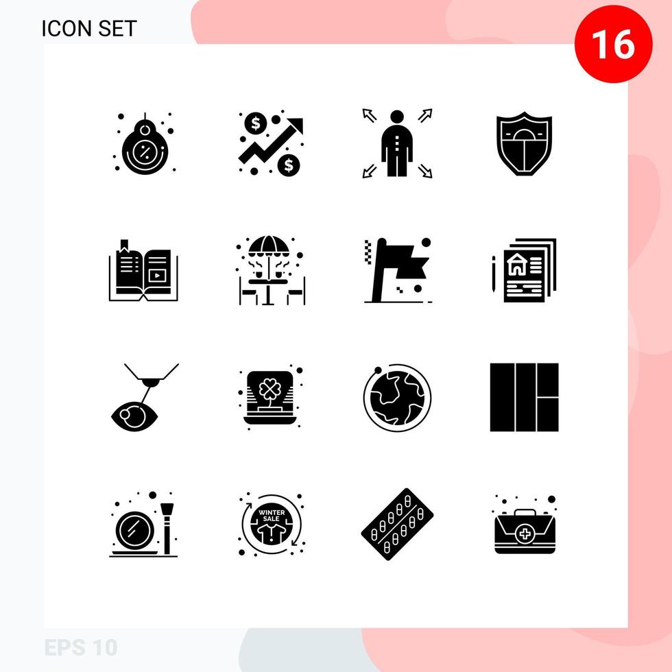 Set of 16 Vector Solid Glyphs on Grid for tutorial book graph motivation shield Editable Vector Design Elements