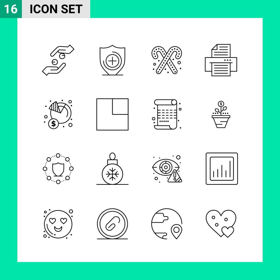 paquete de 16 iconos de estilo de línea establece símbolos de esquema para imprimir signos creativos aislados en fondo blanco vector