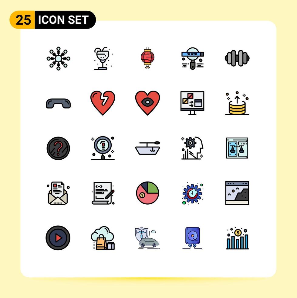 Pack of 25 Modern Filled line Flat Colors Signs and Symbols for Web Print Media such as sports web lantern search development Editable Vector Design Elements