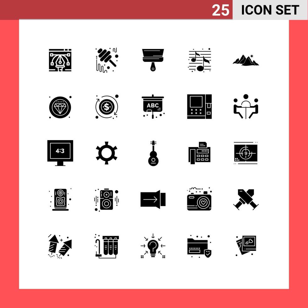 Mobile Interface Solid Glyph Set of 25 Pictograms of mountain party jar song tool Editable Vector Design Elements