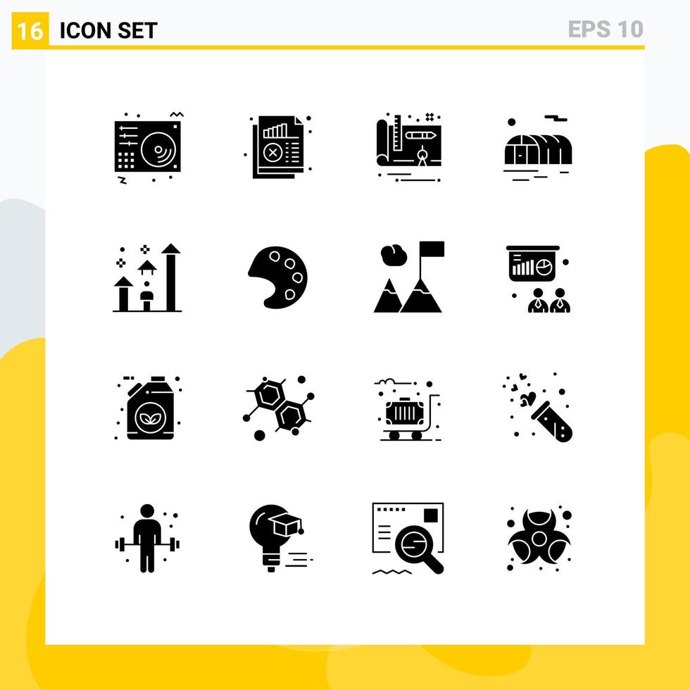 Mobile Interface Solid Glyph Set of 16 Pictograms of success greenhouse monitoring gardening plan Editable Vector Design Elements